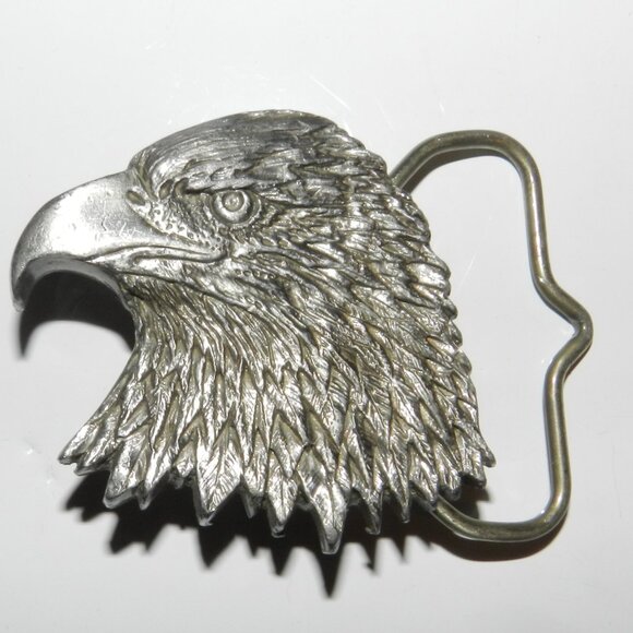 VINTAGE PEWTER~METAL BALD EAGLE HEAD BELT BUCKLE 1989 C & J USA - Picture 1 of 5